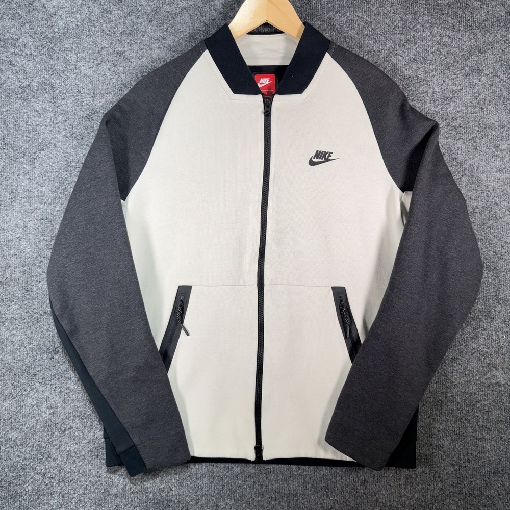 NIKE TECH‎ FLEECE VARSITY JACKET Men's Medium White Black Windbreaker Activewear